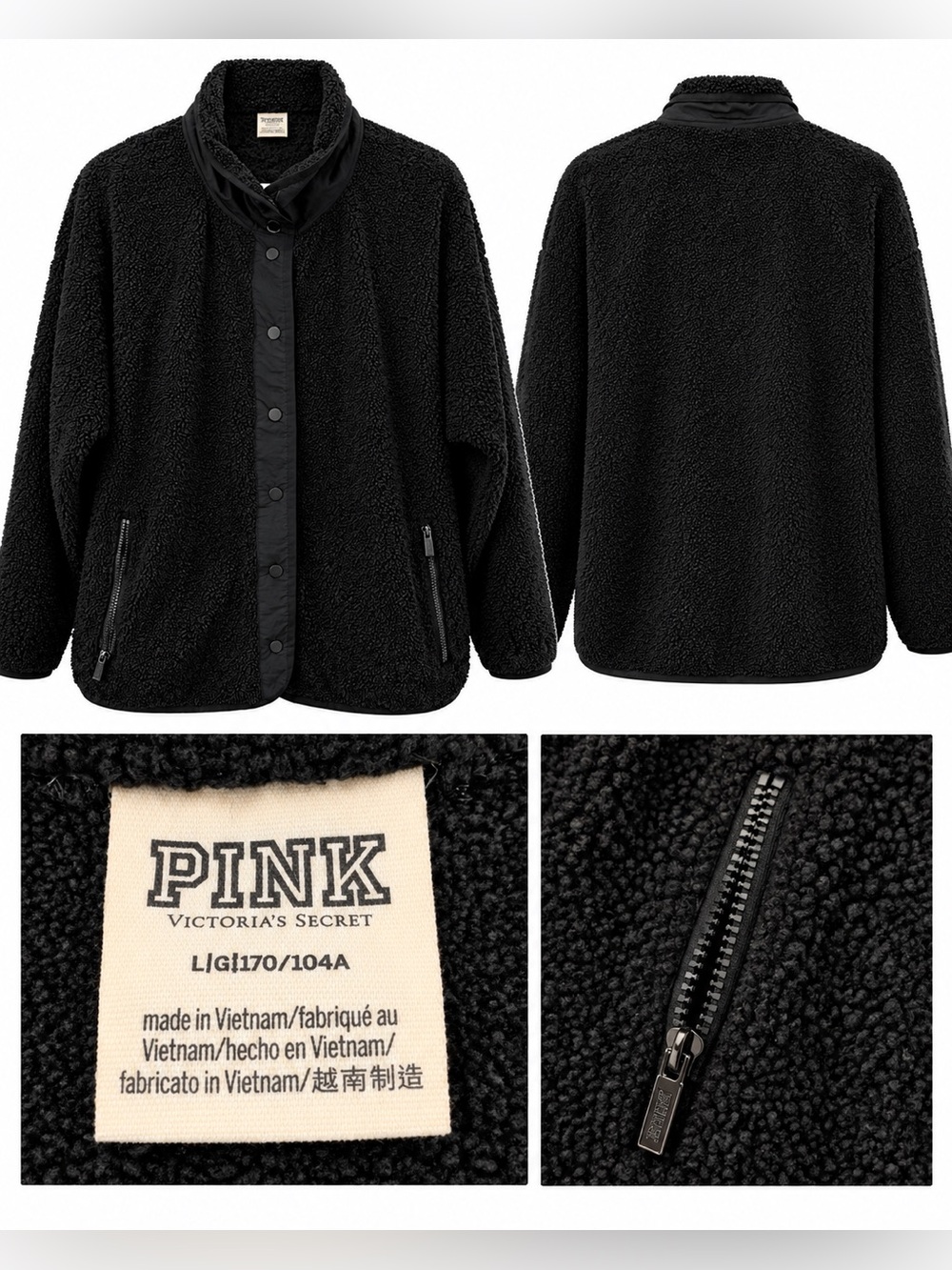 PINK Victoria’s Secret Black Sherpa Fleece Snap Front Jacket Size L